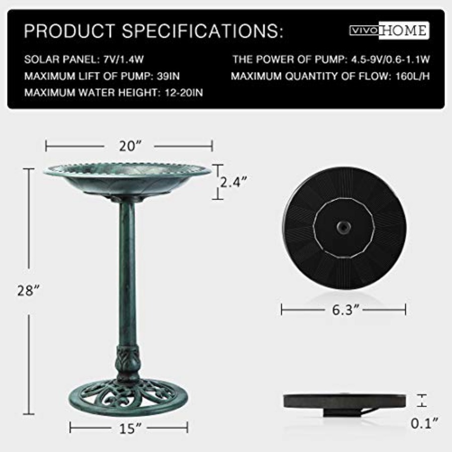 Bird Bath with Solar Fountain  – Outdoor Power Pedestal recenzja i cena